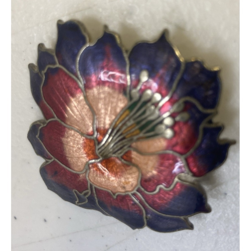 Vtg Silver Tone Purple Mauve Pink Cloisonne Enamel Hibiscus Flower Brooch Pin - Picture 3 of 7